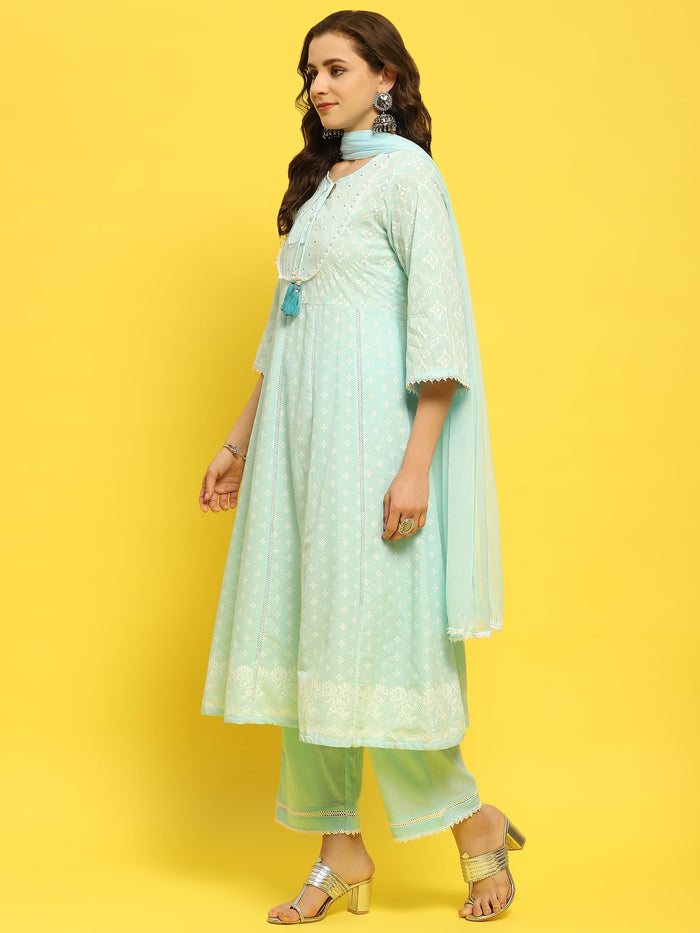 Women Cotton Blue Geometric Print Kurta Comfort Pant Dupatta.
