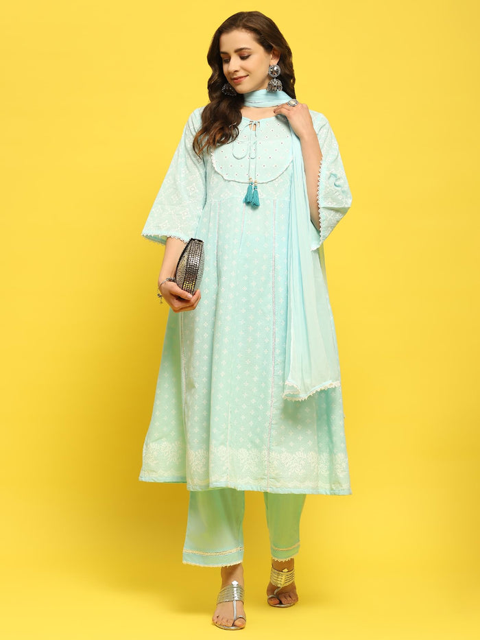 Women Cotton Blue Geometric Print Kurta Comfort Pant Dupatta.