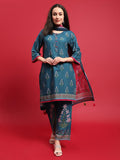 Women Cotton Blue Ornamental Print Kurta Comfort Pant Dupatta.