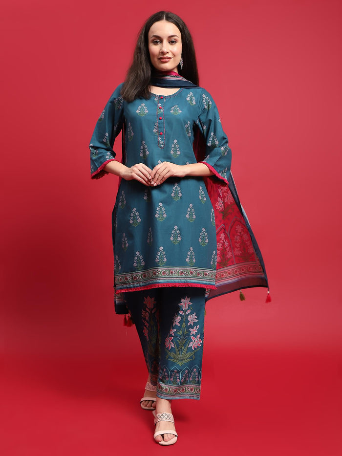 Women Cotton Blue Ornamental Print Kurta Comfort Pant Dupatta.