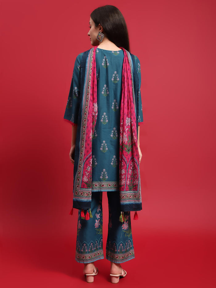 Women Cotton Blue Ornamental Print Kurta Comfort Pant Dupatta.