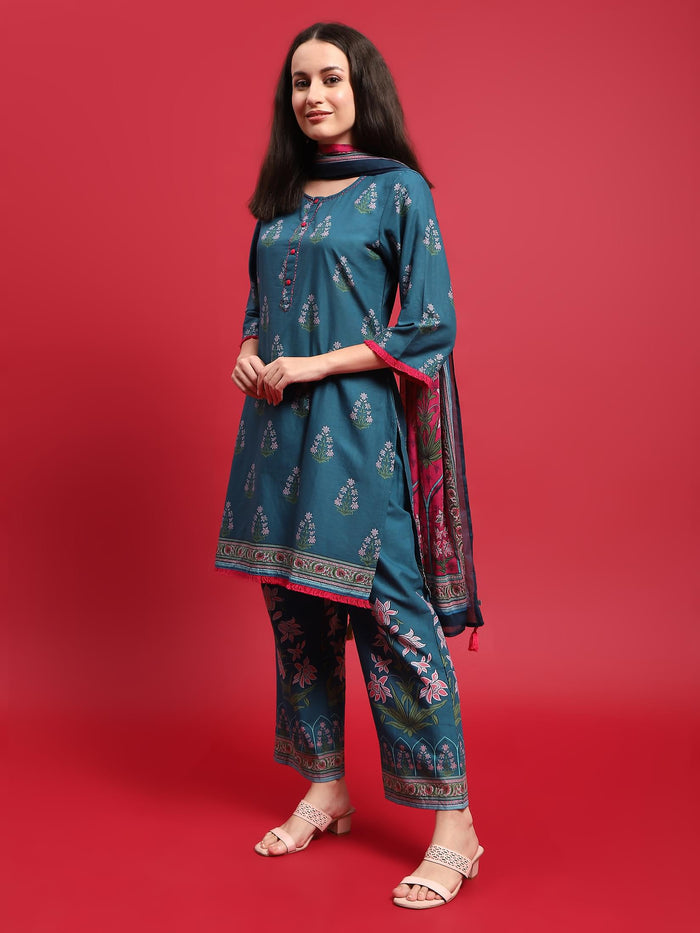 Women Cotton Blue Ornamental Print Kurta Comfort Pant Dupatta.