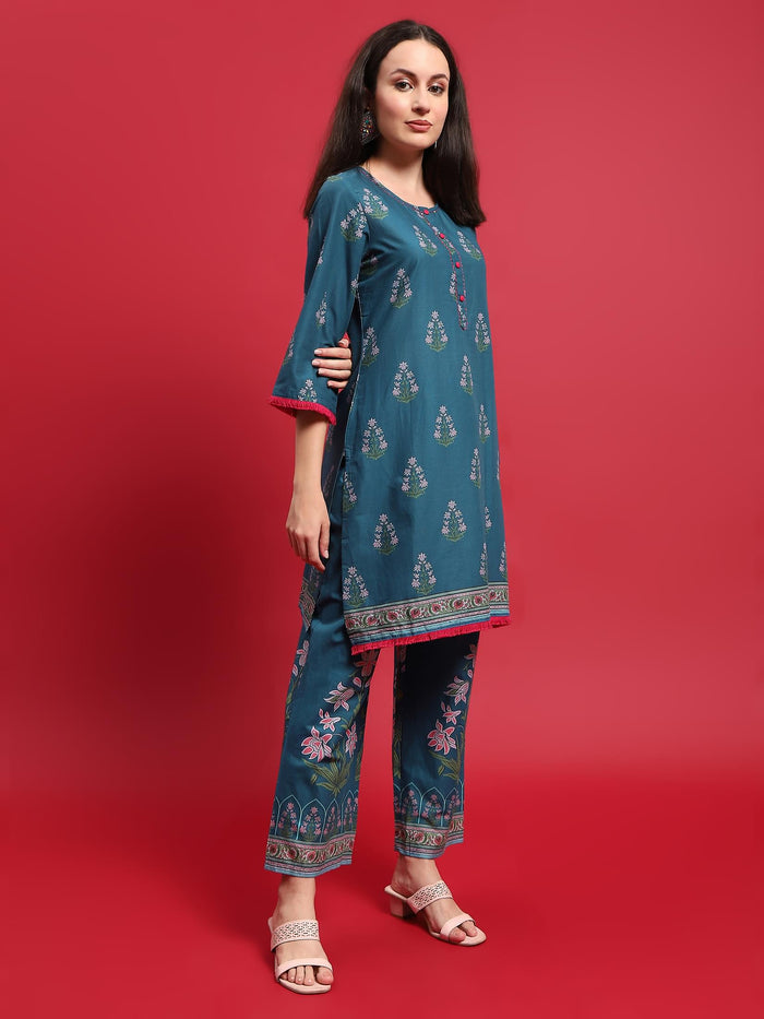 Women Cotton Blue Ornamental Print Kurta Comfort Pant Dupatta.