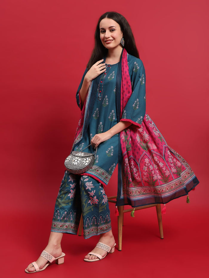 Women Cotton Blue Ornamental Print Kurta Comfort Pant Dupatta.