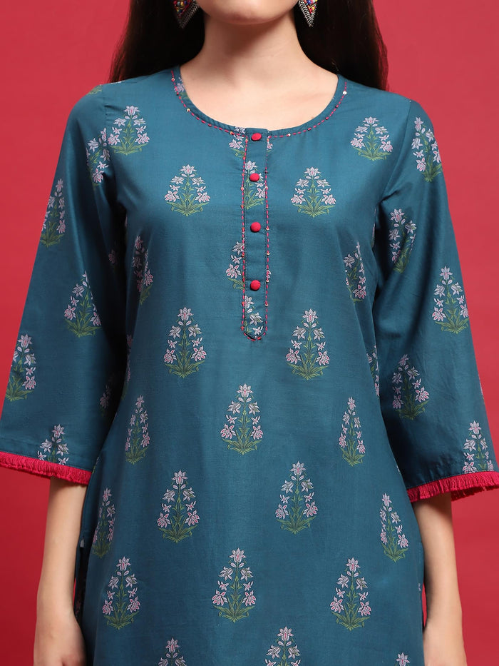 Women Cotton Blue Ornamental Print Kurta Comfort Pant Dupatta.