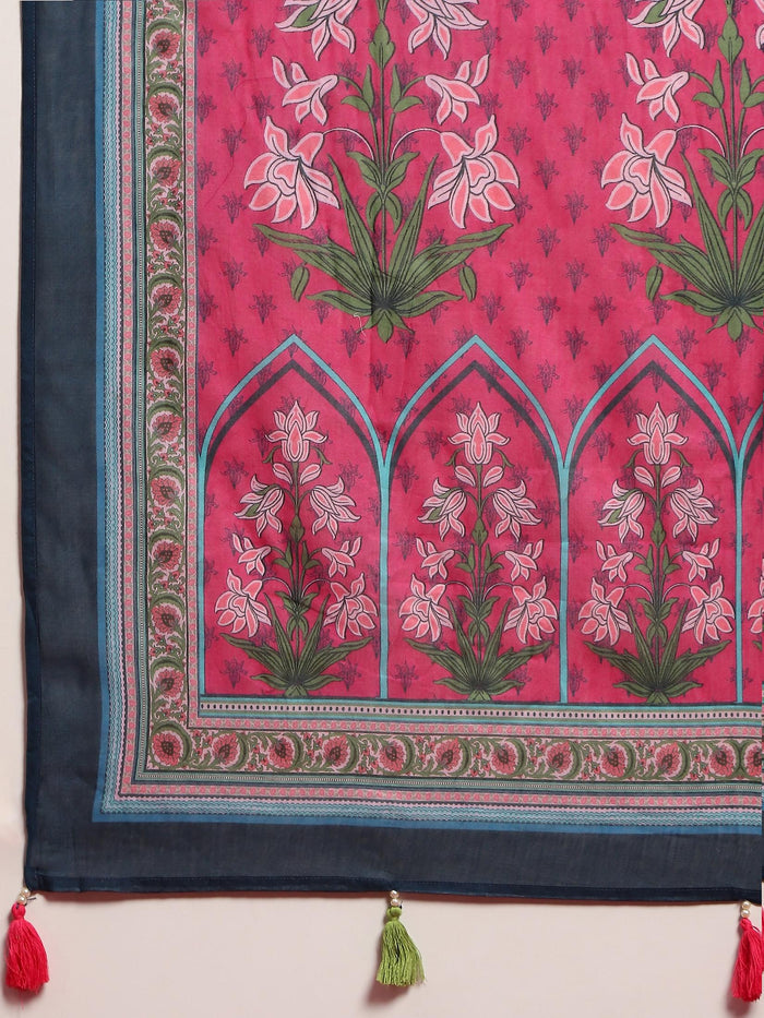 Women Cotton Blue Ornamental Print Kurta Comfort Pant Dupatta.