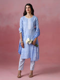 Women Cotton Blue Printed Kurta Trouser Dupatta.