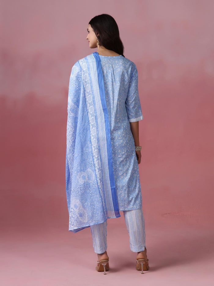 Women Cotton Blue Printed Kurta Trouser Dupatta.