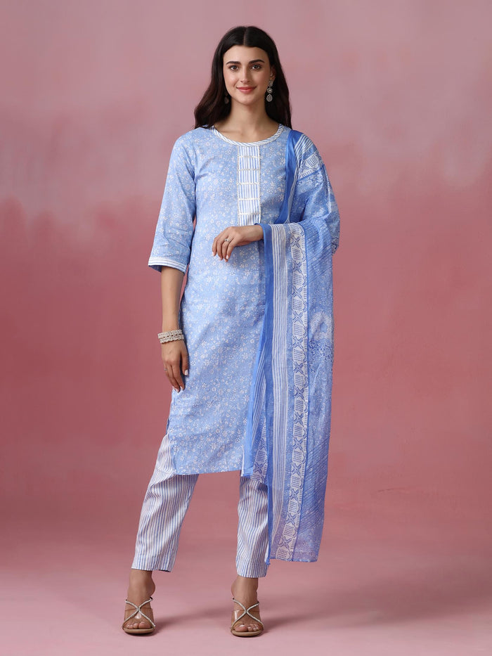 Women Cotton Blue Printed Kurta Trouser Dupatta.