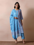 Women Cotton Blue Printed Kurta Trouser With Dupatta.
