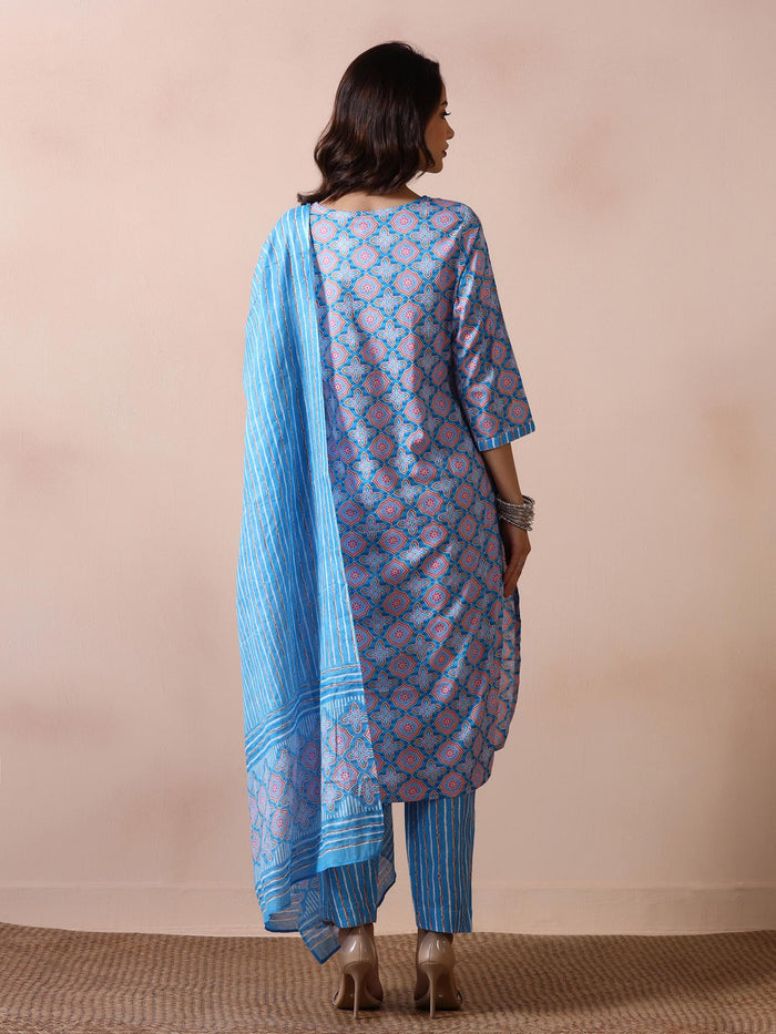 Women Cotton Blue Printed Kurta Trouser With Dupatta.