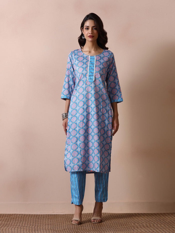 Women Cotton Blue Printed Kurta Trouser With Dupatta.