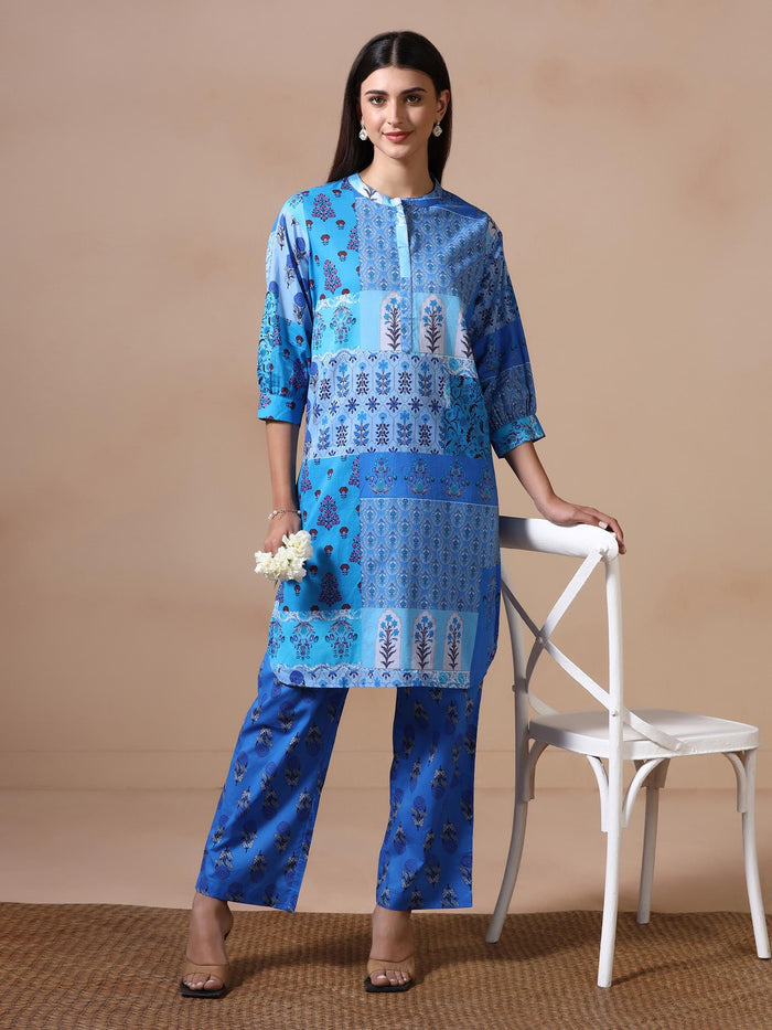 Women Cotton Blue Printed Kurta With Comfort Pant.