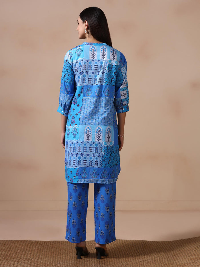 Women Cotton Blue Printed Kurta With Comfort Pant.