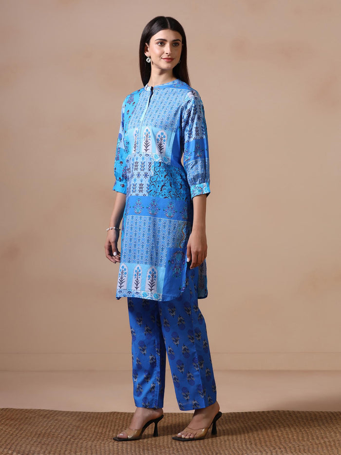 Women Cotton Blue Printed Kurta With Comfort Pant.