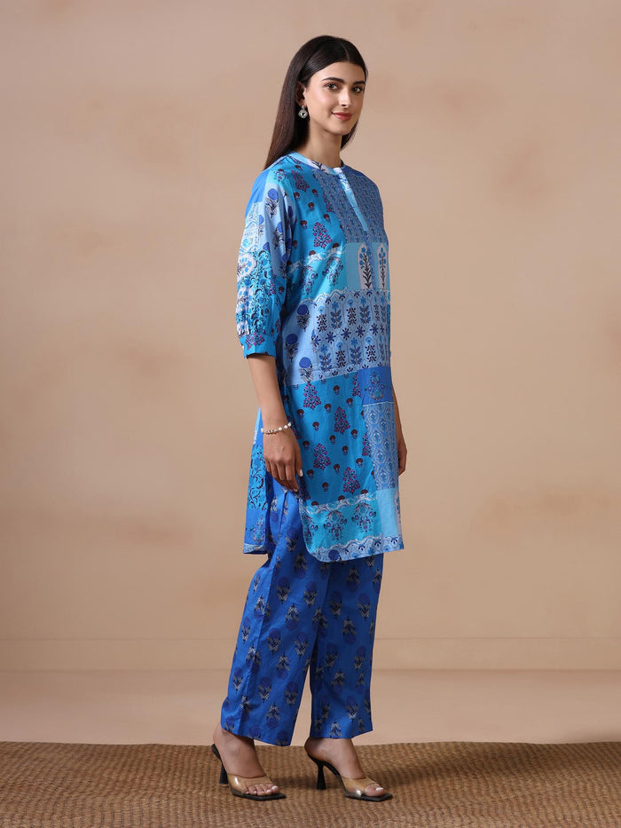 Women Cotton Blue Printed Kurta With Comfort Pant.