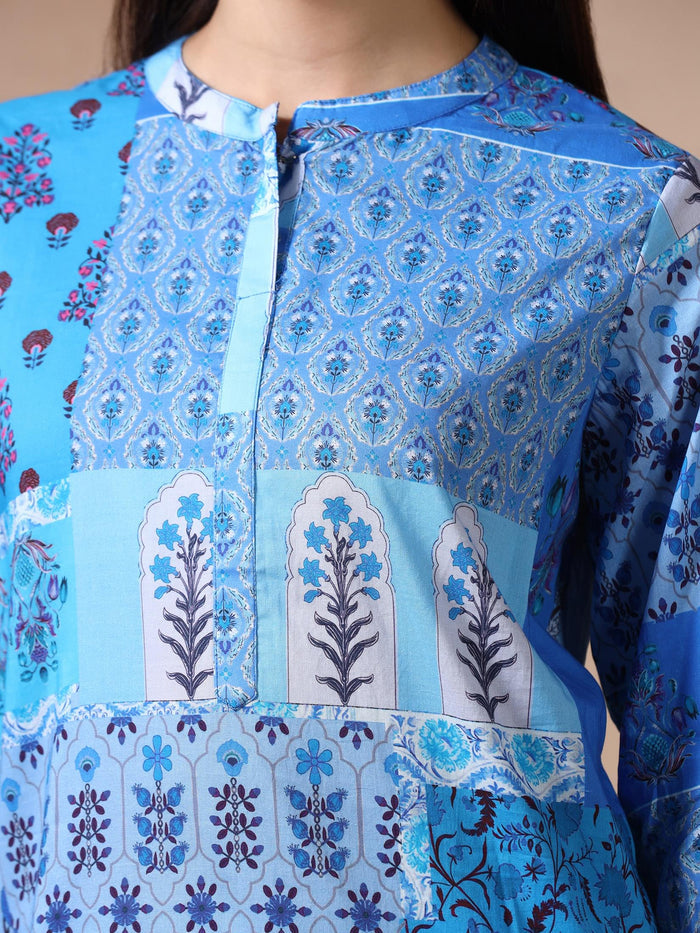 Women Cotton Blue Printed Kurta With Comfort Pant.