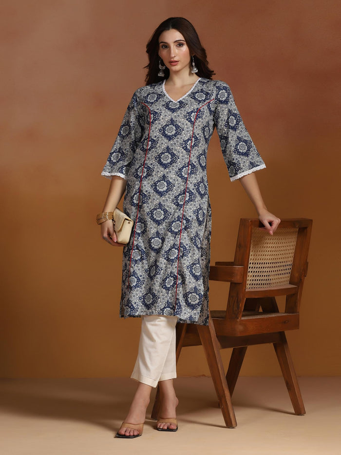 Women Cotton Blue Printed Kurta.
