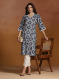 Women Cotton Blue Printed Kurta.