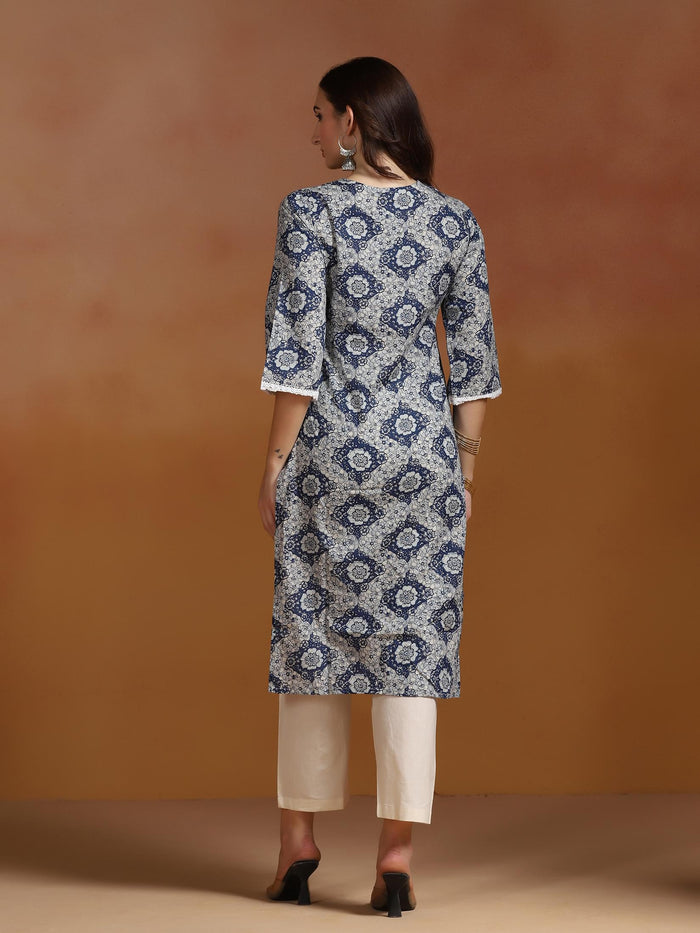 Women Cotton Blue Printed Kurta.