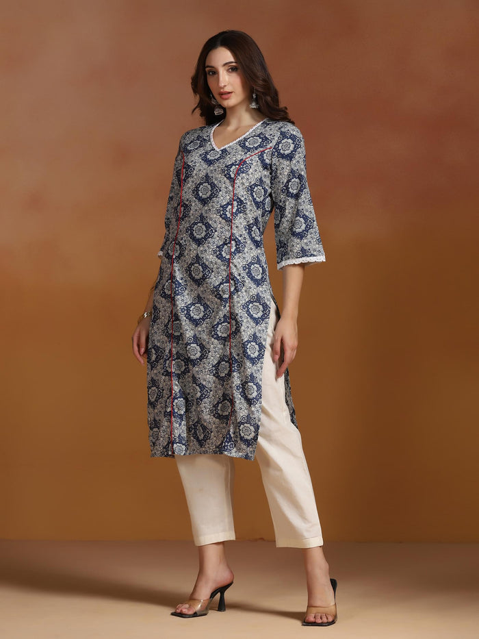 Women Cotton Blue Printed Kurta.
