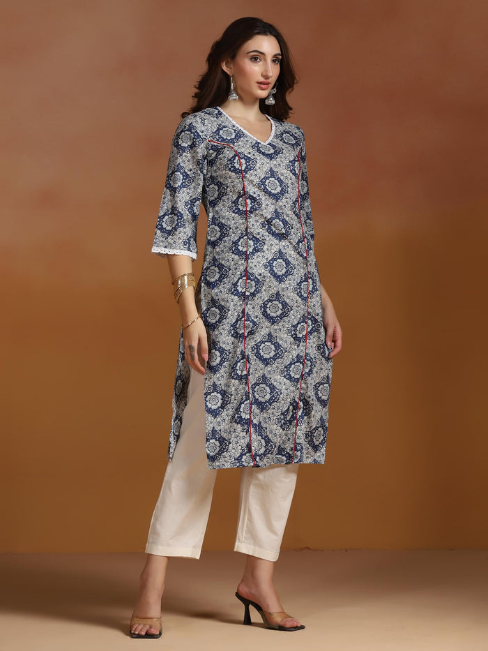 Women Cotton Blue Printed Kurta.
