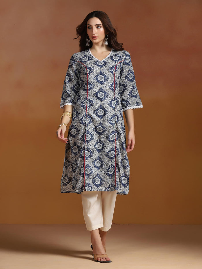 Women Cotton Blue Printed Kurta.