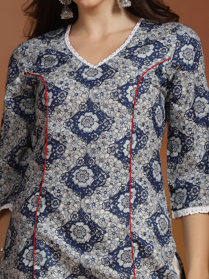 Women Cotton Blue Printed Kurta.