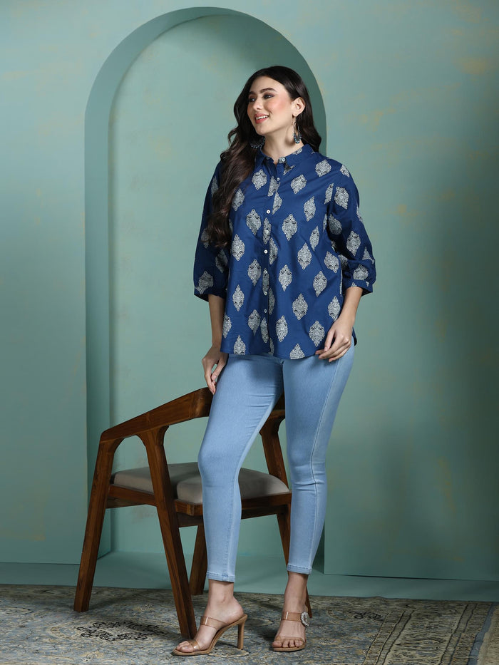 Women Cotton Blue Printed Tunic.