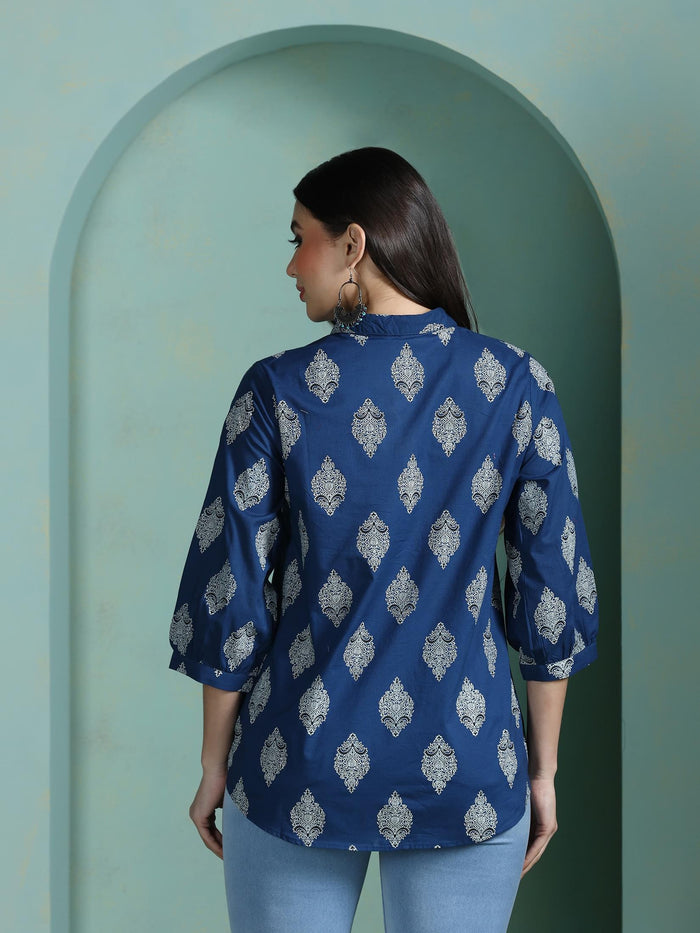 Women Cotton Blue Printed Tunic.