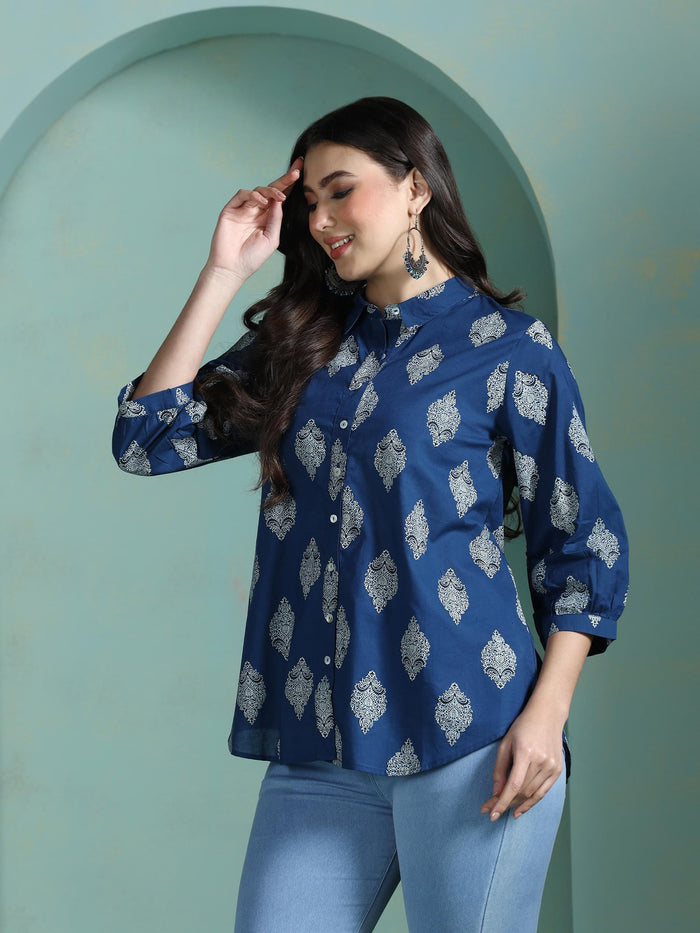 Women Cotton Blue Printed Tunic.