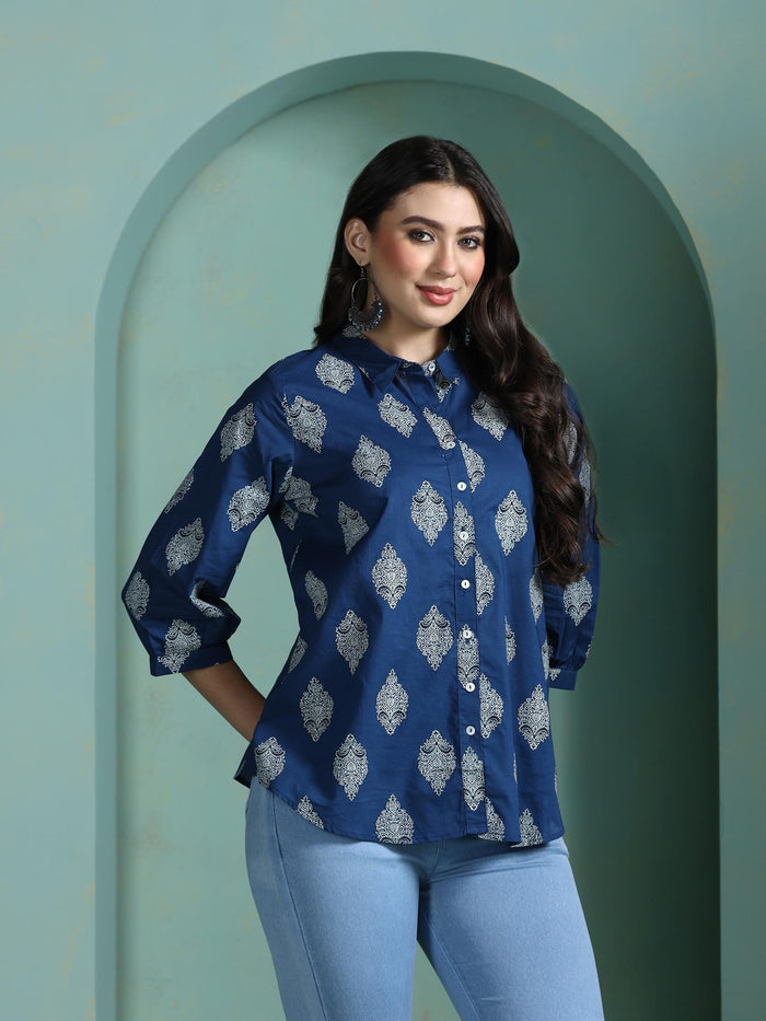 Women Cotton Blue Printed Tunic.