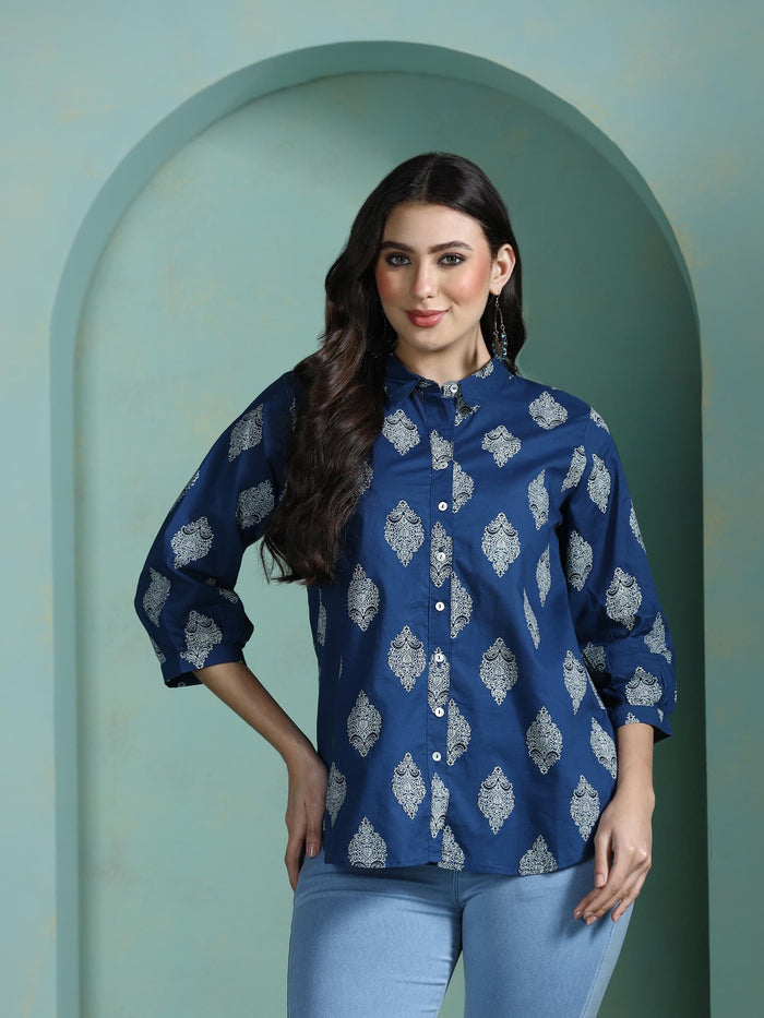 Women Cotton Blue Printed Tunic.