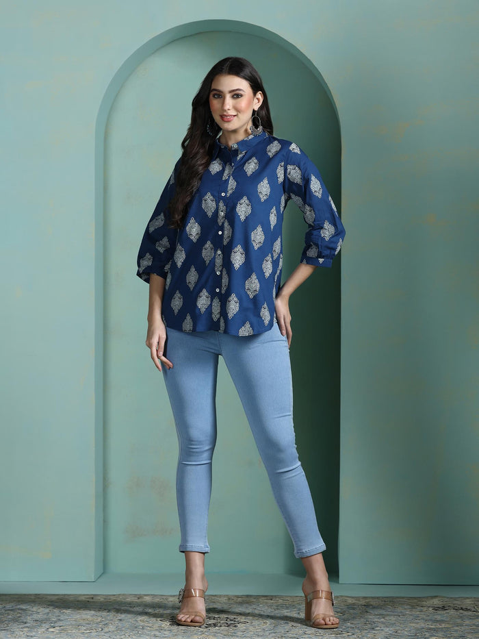 Women Cotton Blue Printed Tunic.