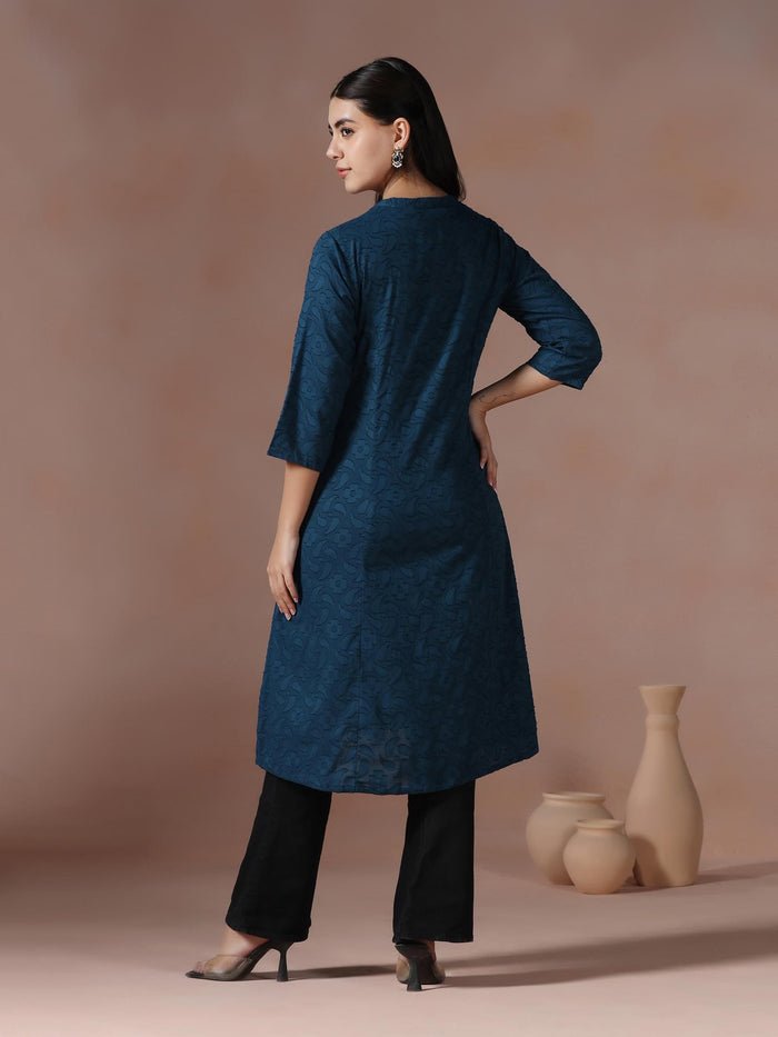 Women Cotton Blue Solid Kurta.