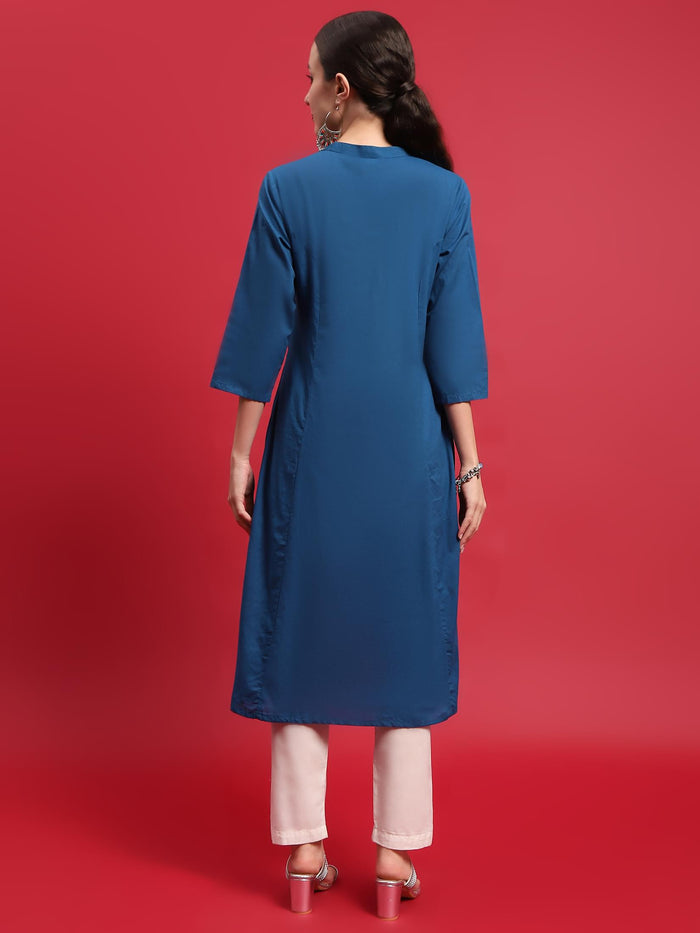 Women Cotton Blue Solid Kurta.