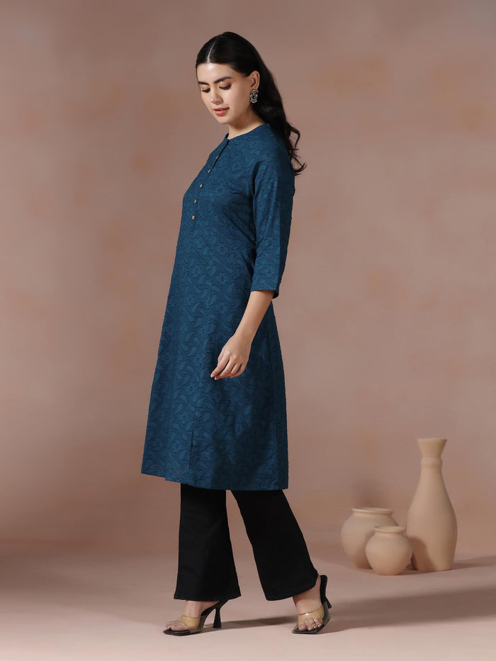Women Cotton Blue Solid Kurta.