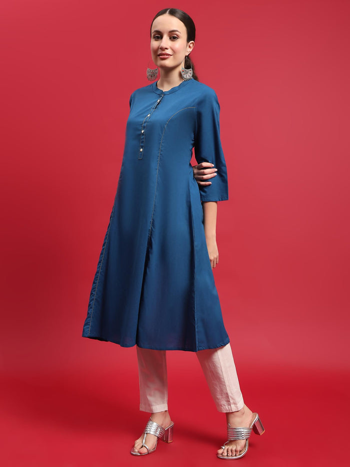 Women Cotton Blue Solid Kurta.