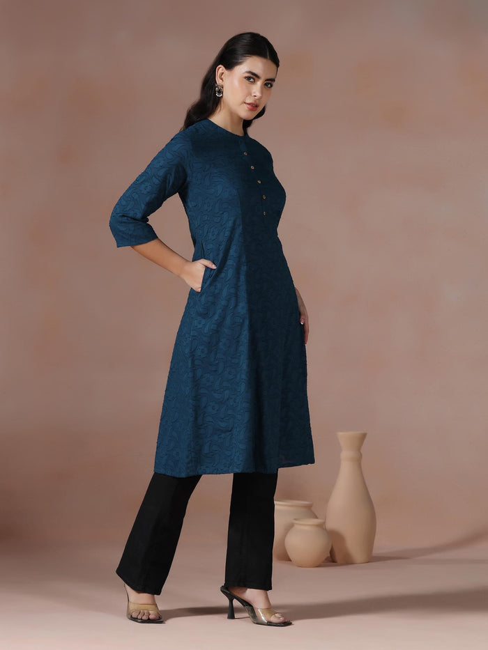 Women Cotton Blue Solid Kurta.
