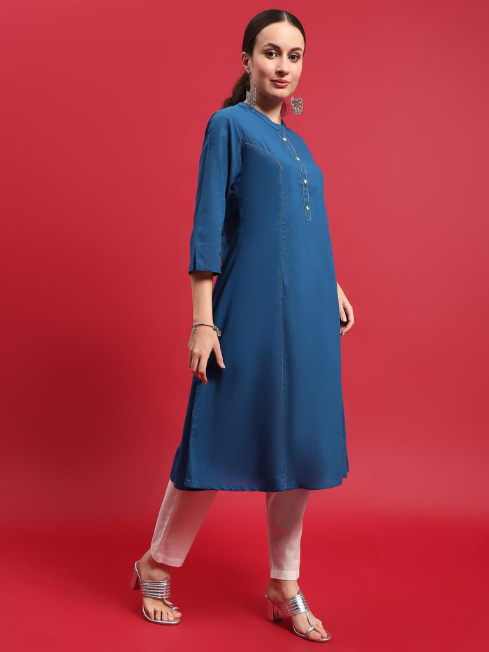 Women Cotton Blue Solid Kurta.