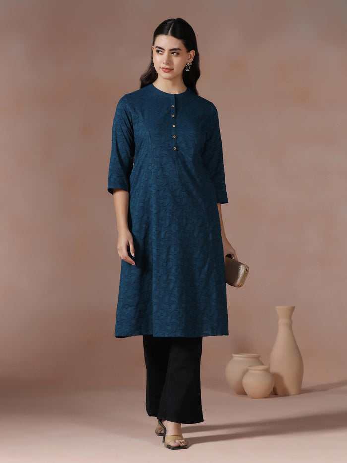 Women Cotton Blue Solid Kurta.