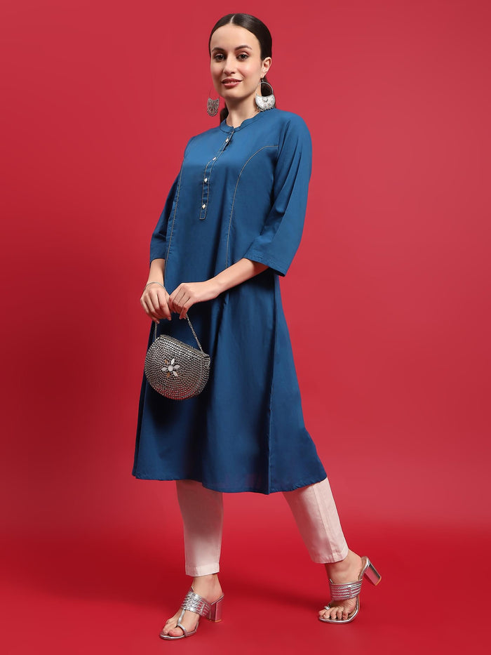 Women Cotton Blue Solid Kurta.