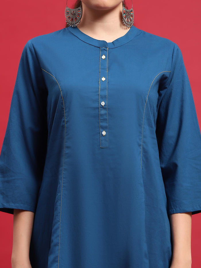 Women Cotton Blue Solid Kurta.