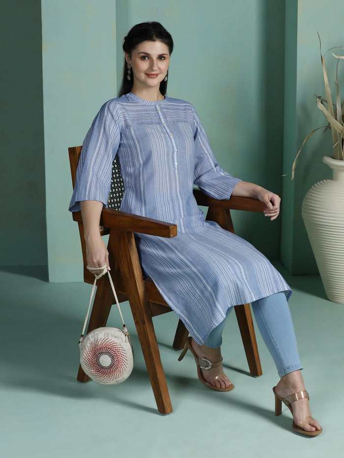 Women Cotton Blue Yarn Dyed Kurta.