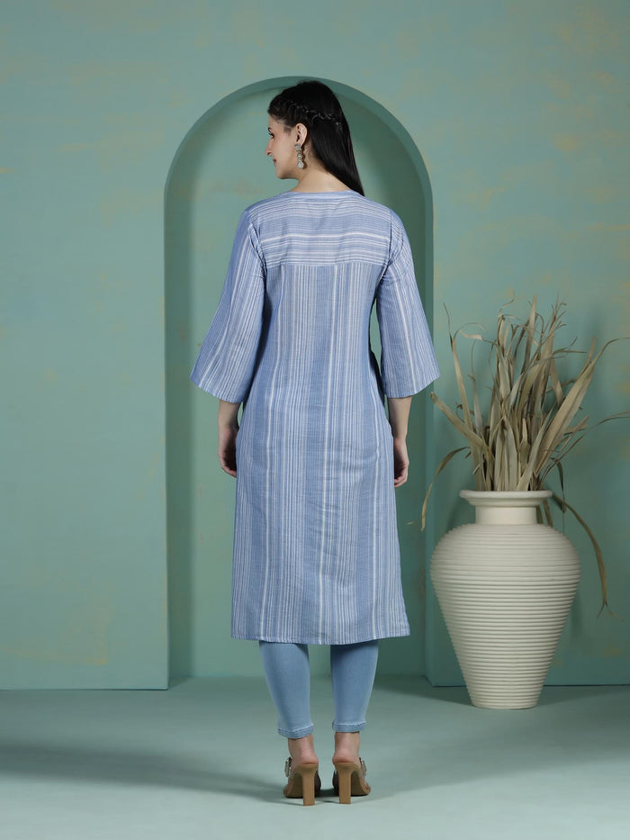 Women Cotton Blue Yarn Dyed Kurta.