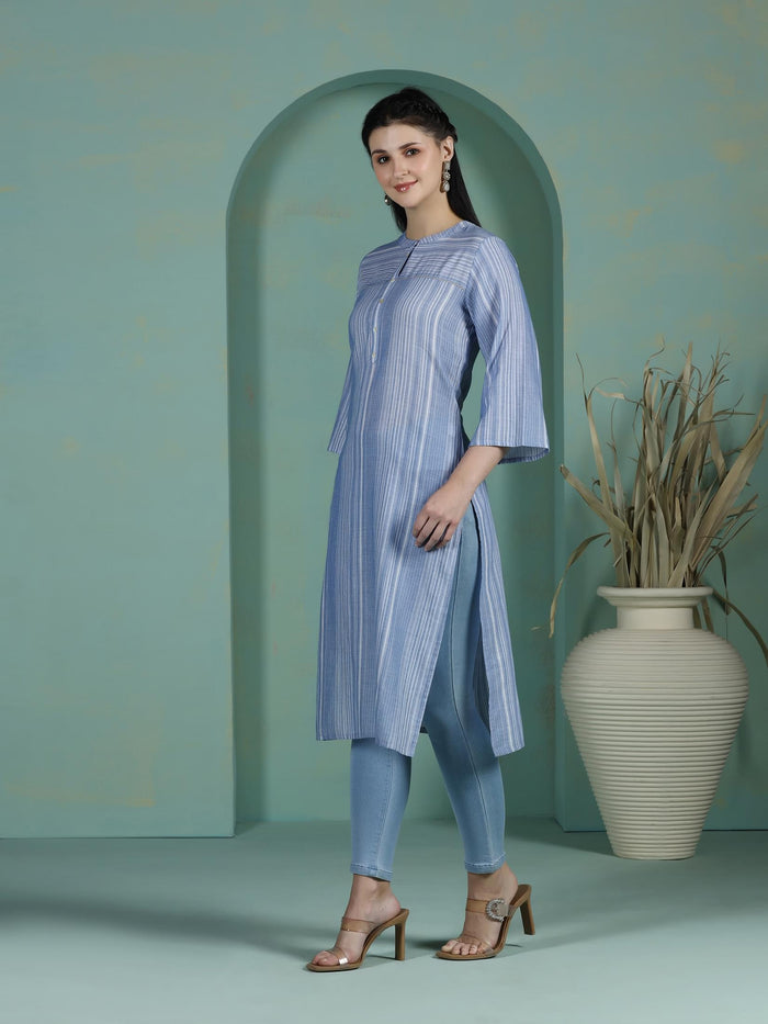Women Cotton Blue Yarn Dyed Kurta.