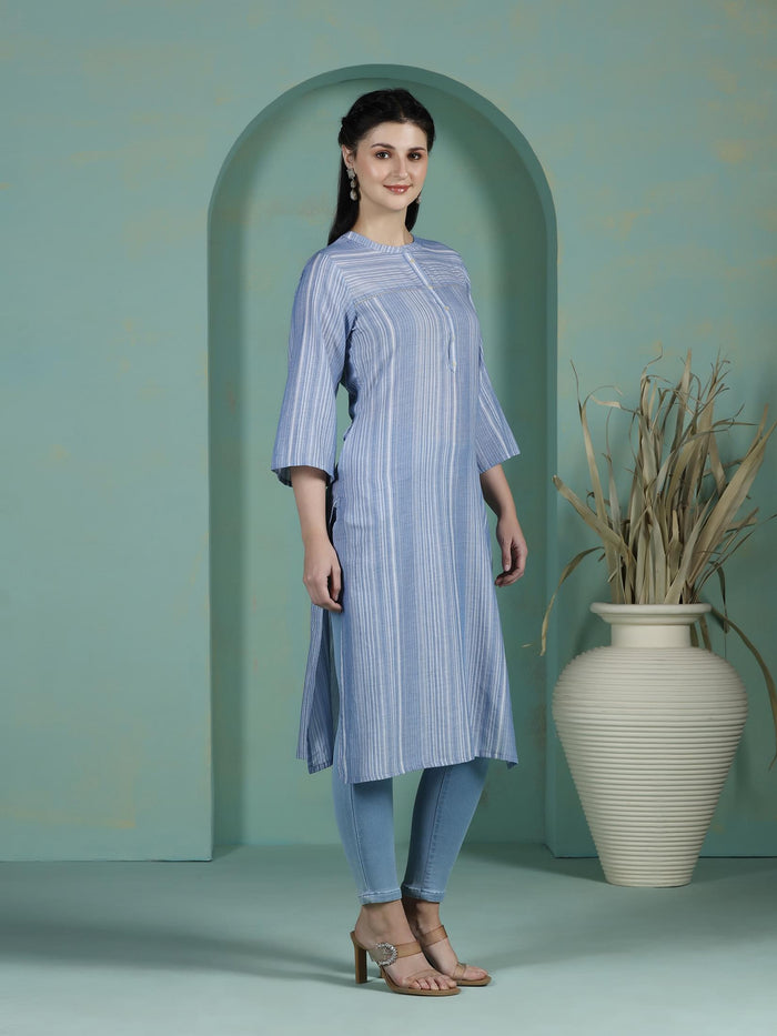 Women Cotton Blue Yarn Dyed Kurta.
