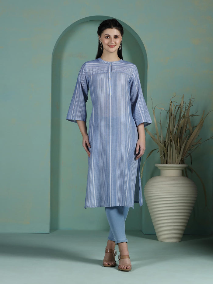 Women Cotton Blue Yarn Dyed Kurta.