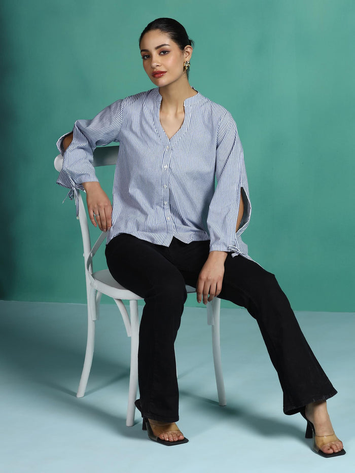 Women Cotton Blue Yarn Dyed Top.