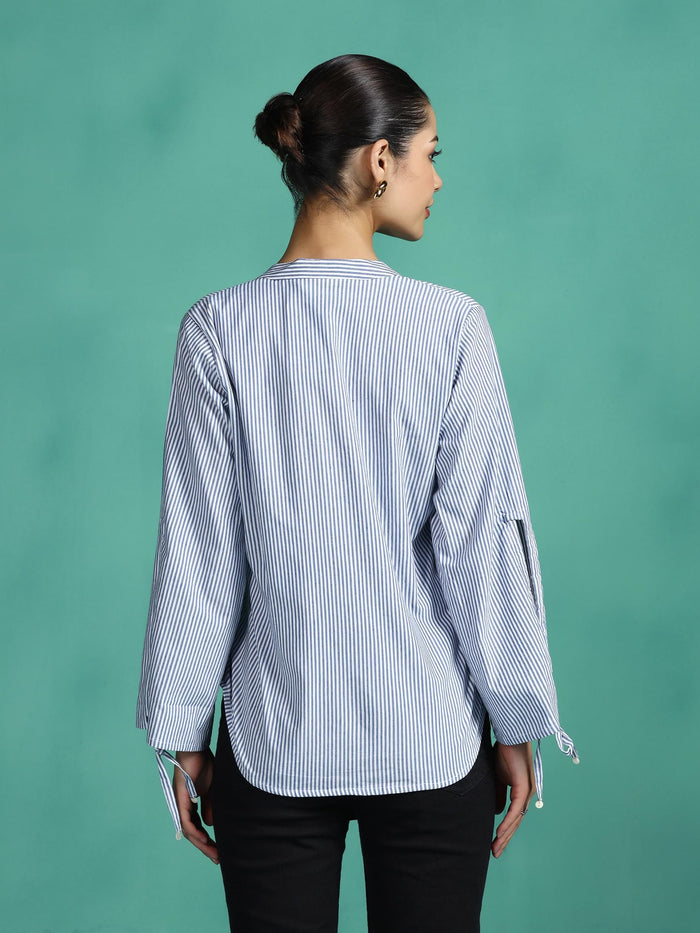 Women Cotton Blue Yarn Dyed Top.